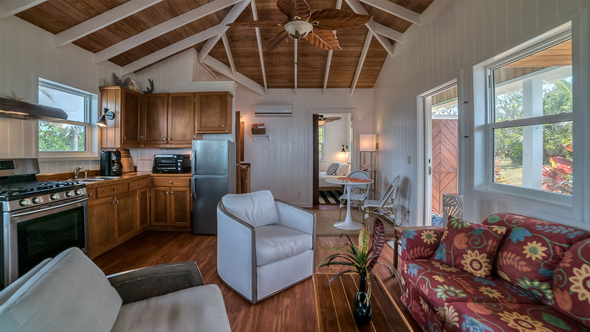 Livingroom at Honeydew vacation rental cottage on Guana Cay