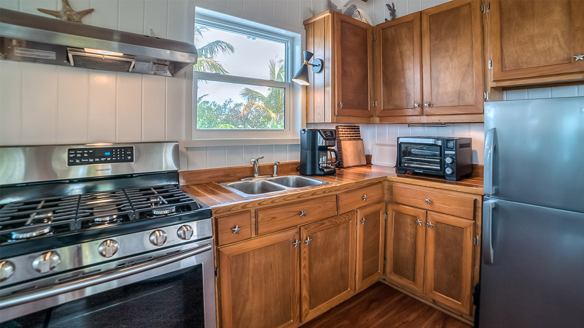 kitchen at Honeydew vacation rental cottage on Guana Cay